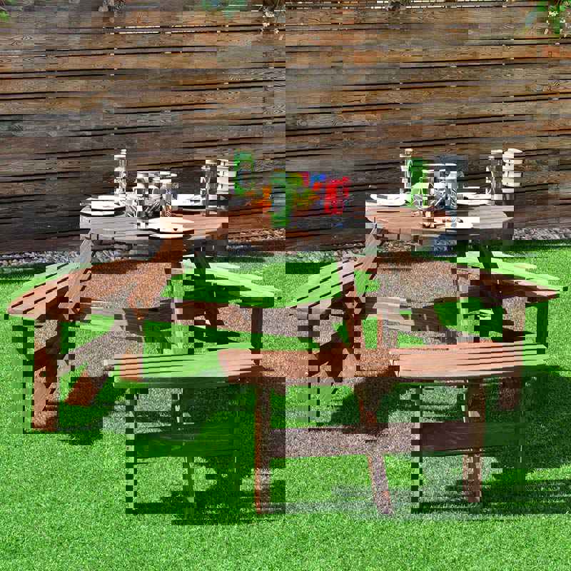 6-Person Outdoor Patio Wooden Round Picnic Dining Table Bench Set with Umbrella Hole & 3 Benches