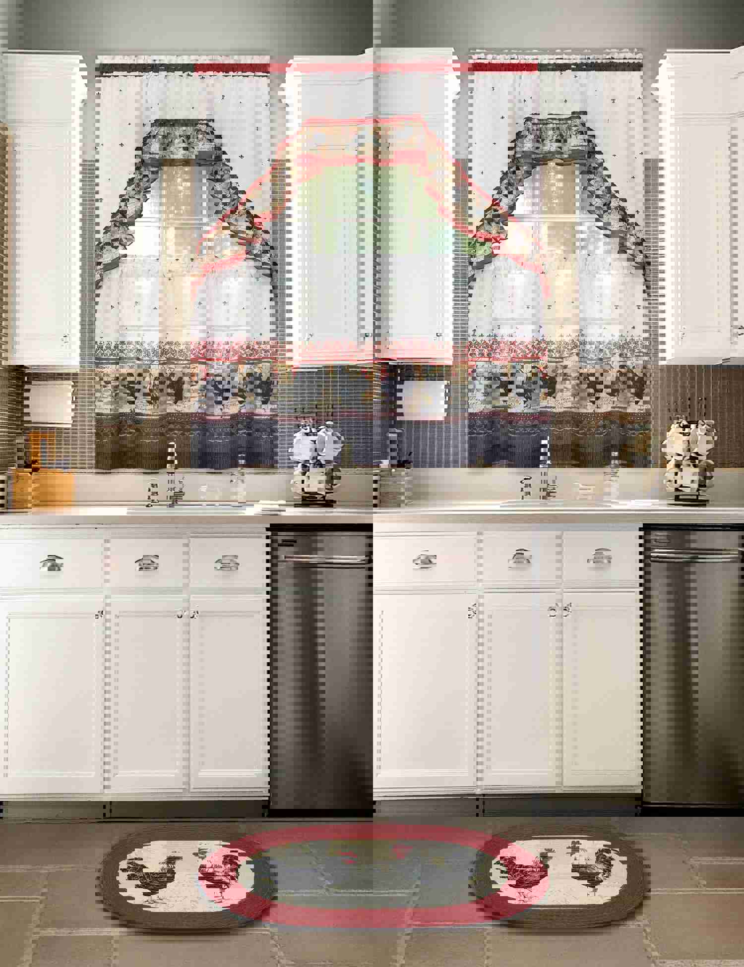 Printed Tier and Swag Window Curtain Set - Rooster Design