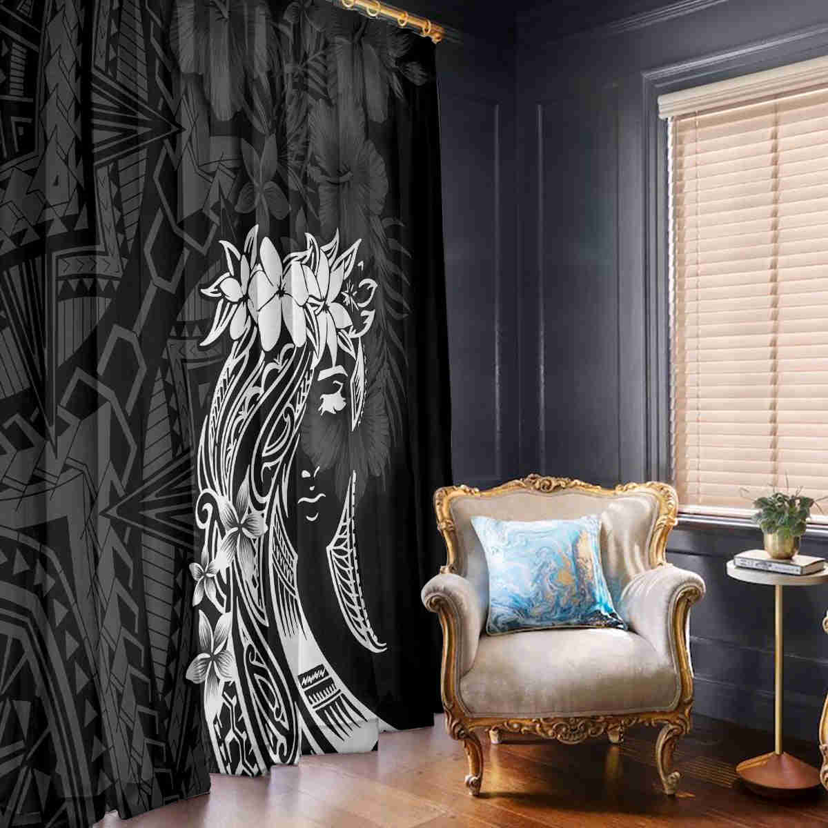 Polynesian Women's Day Window Curtain Plumeria Passion - Black LT7