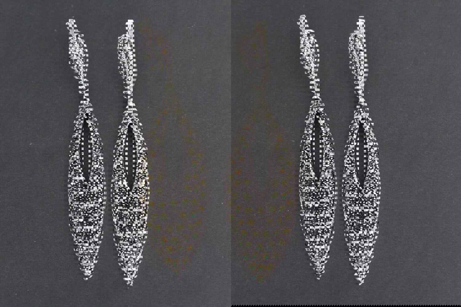 Sterling Silver 925 Earrings, Ring, Pendant, and Chain Set with Marcasite Stones