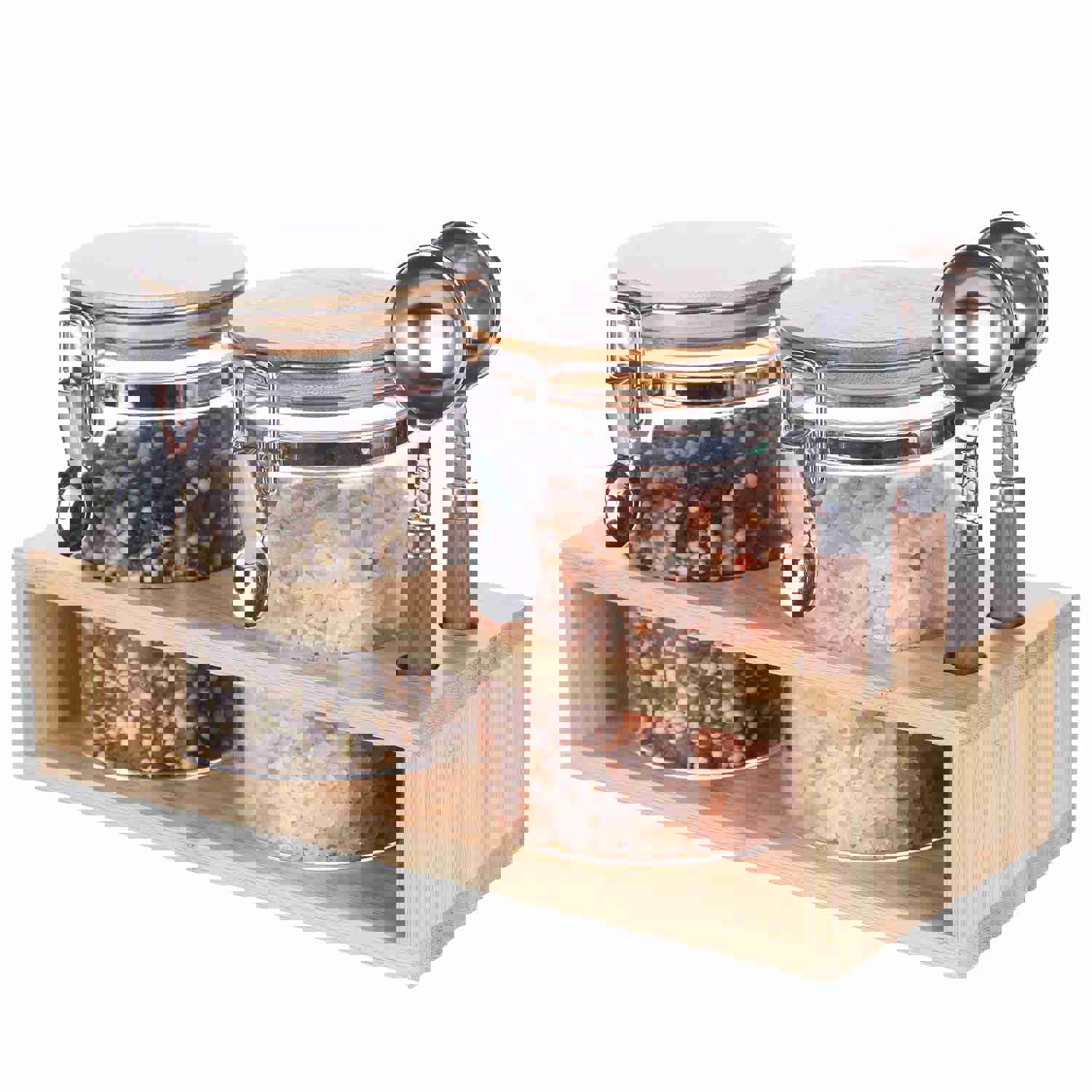 KKC Glass Food Jars with Bamboo Lids, Airtight Spice Canisters Set with Rack and Scoop, 800ML
