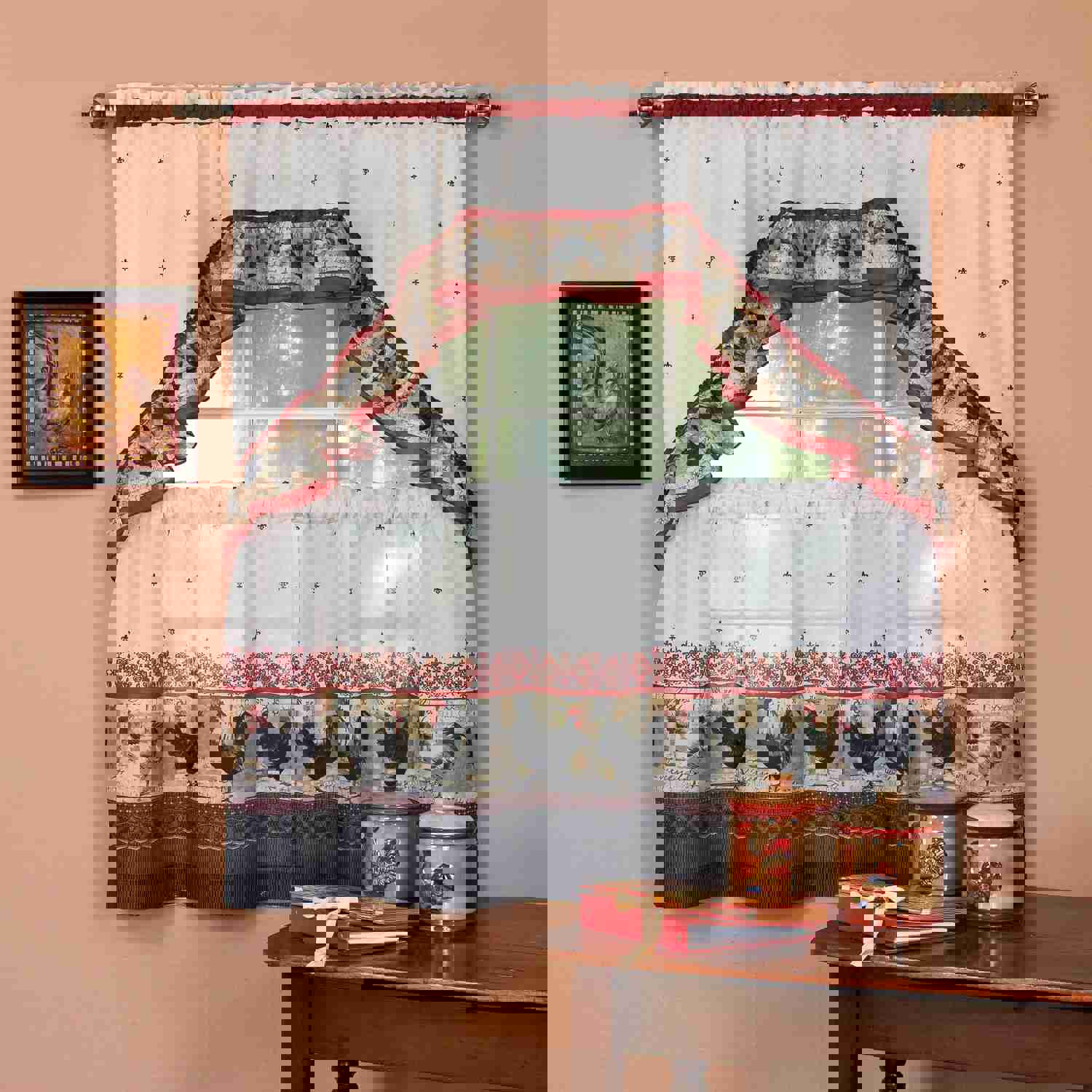 Printed Tier and Swag Window Curtain Set - Rooster Design