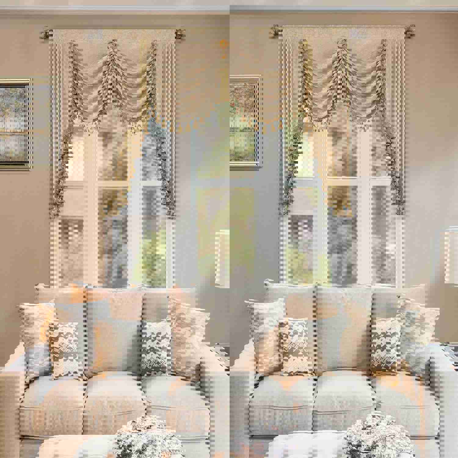 Beige Chenille Swag Valance with Beads and Tassels