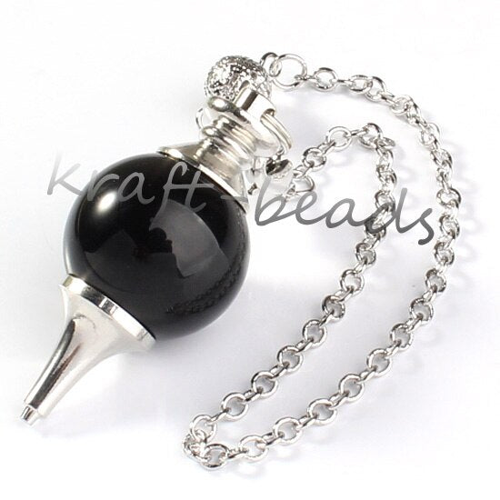 Natural Gnergy Gemstone Silver Plated 18mm Round Beads Healing Chakra Dowsing Pendulum Black Agates Pendant Charm Jewelry