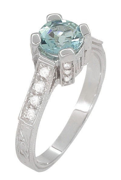 Art Deco 3/4 Carat Aquamarine Castle Engagement Ring in 18 Karat White Gold