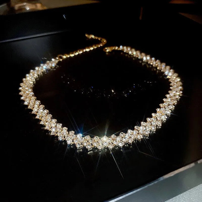 Luxury Shiny Full Rhinestone Choker Necklace for Women - Geometric Crystal Wedding Party Jewelry