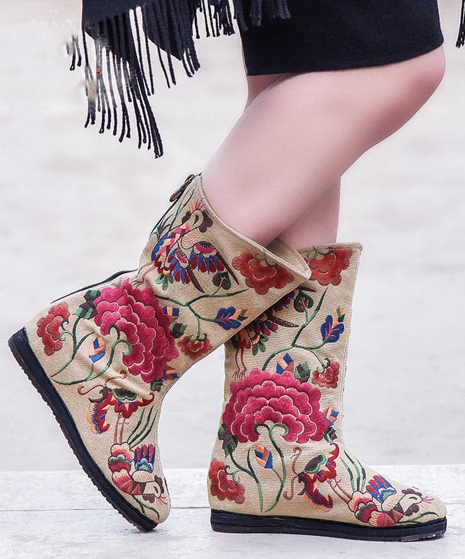 Red Cowgirl Boots Embroidered Zippered Comfy Cotton Fabric Knee Boots