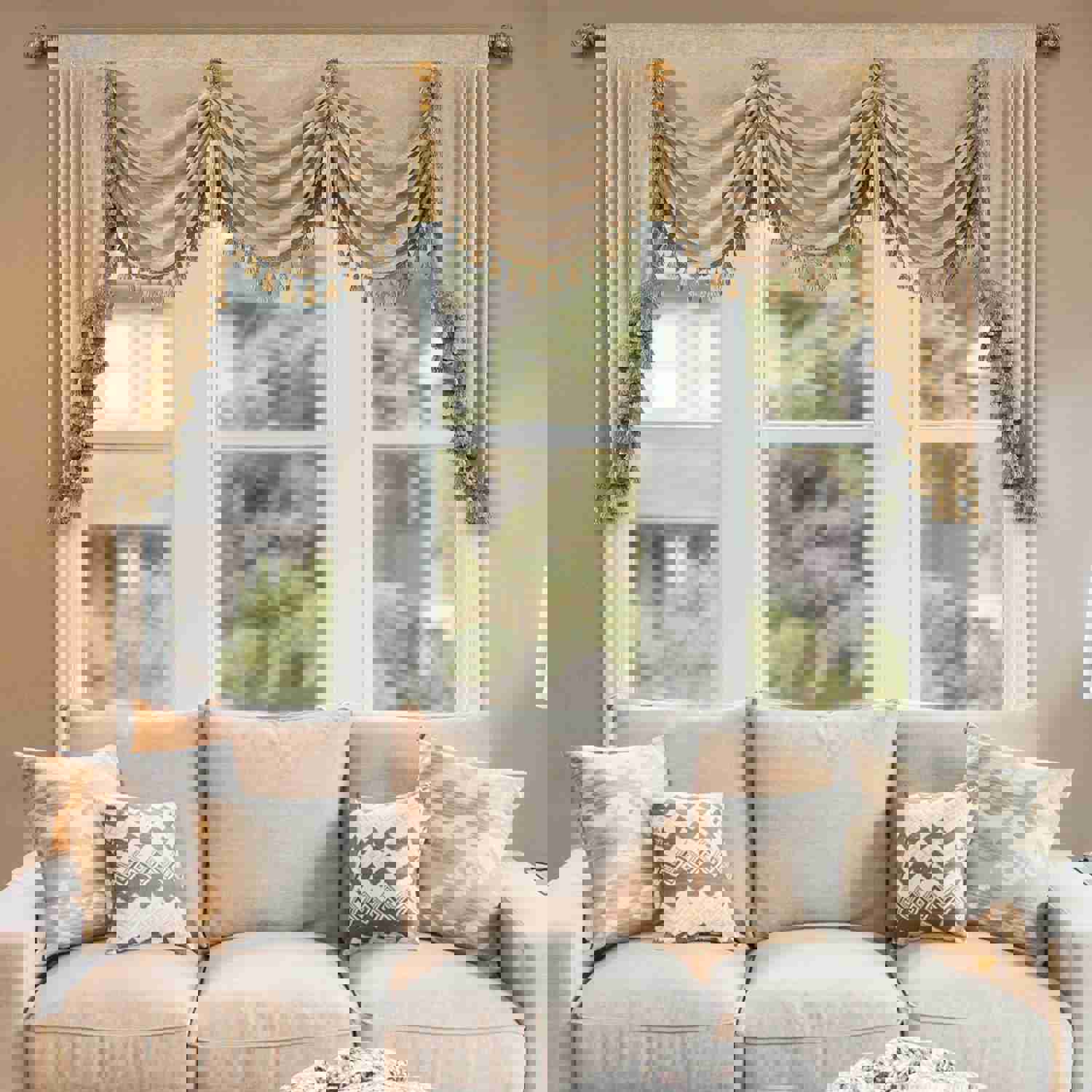 Beige Chenille Swag Valance with Beads and Tassels