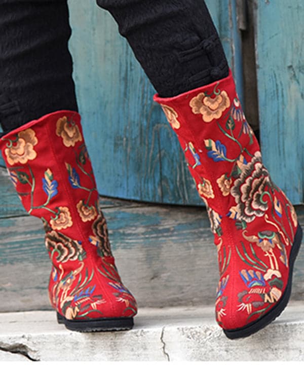 Red Cowgirl Boots Embroidered Zippered Comfy Cotton Fabric Knee Boots