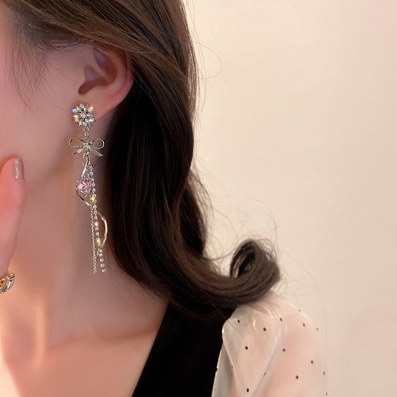 2022 New Fashion Long Tassels Sweet Heart Drop Earrings Joker Fine Bowknot Modelling Trend Women Dangle Earrings Jewelry