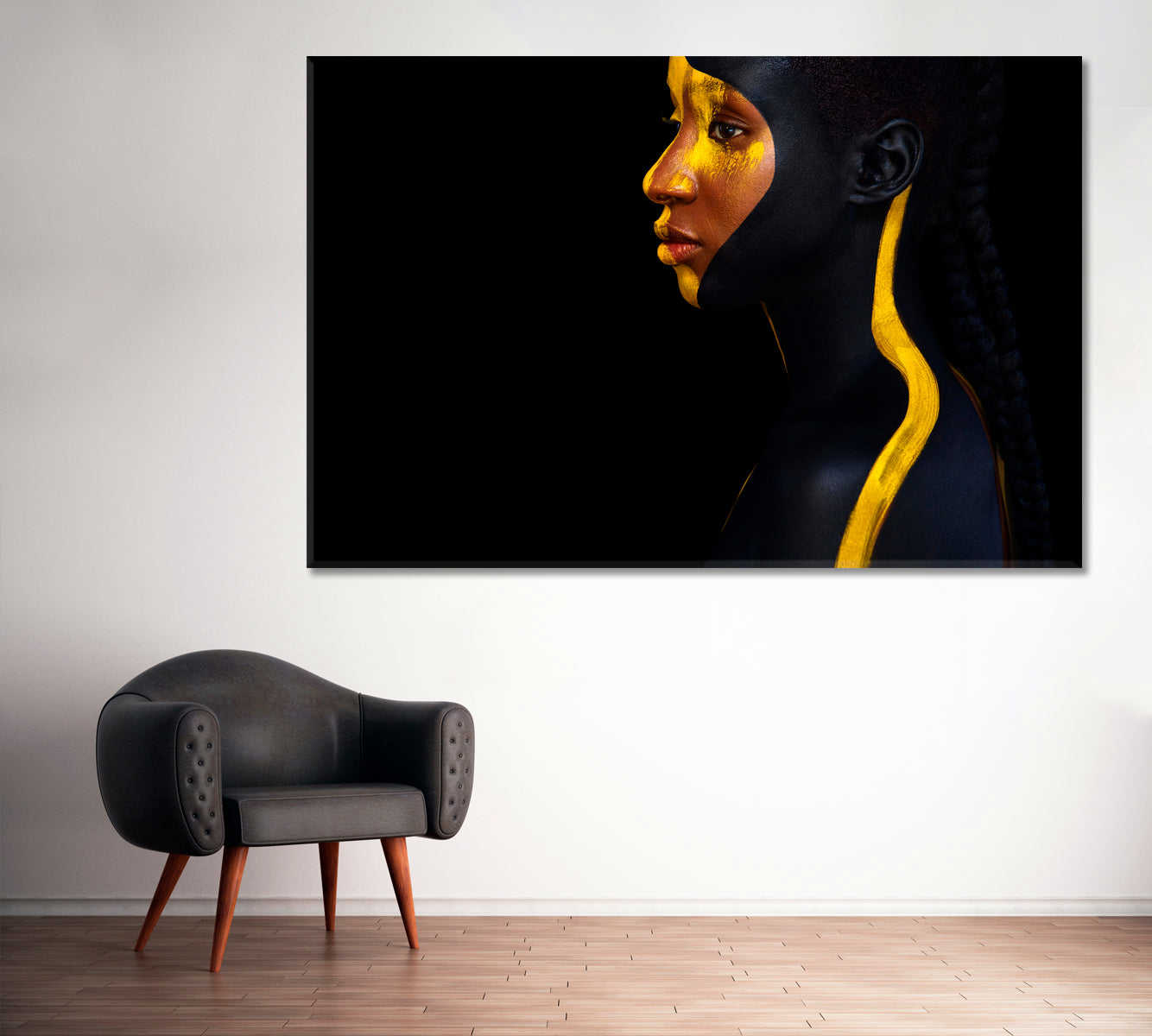 Young African Woman Canvas Print Art with Black and Yellow Body Art