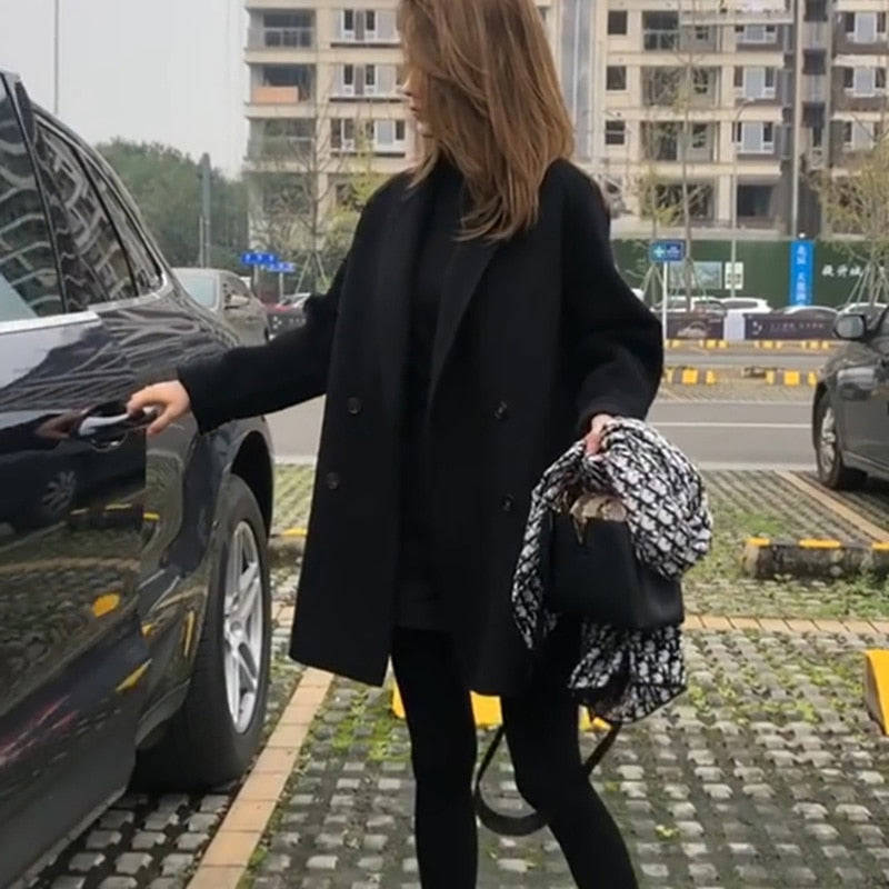 Women's Woolen Double Breasted Long Trend Coat for Autumn Winter
