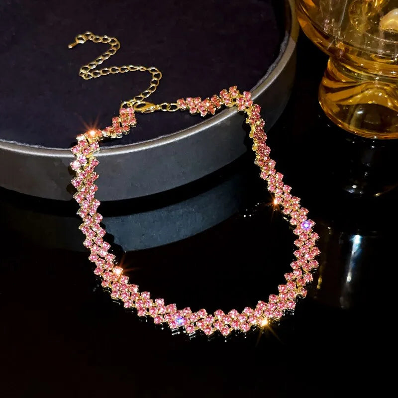 Luxury Shiny Full Rhinestone Choker Necklace for Women - Geometric Crystal Wedding Party Jewelry