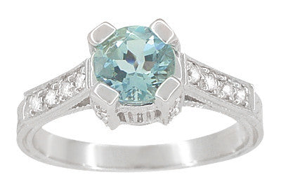 Art Deco 3/4 Carat Aquamarine Castle Engagement Ring in 18 Karat White Gold