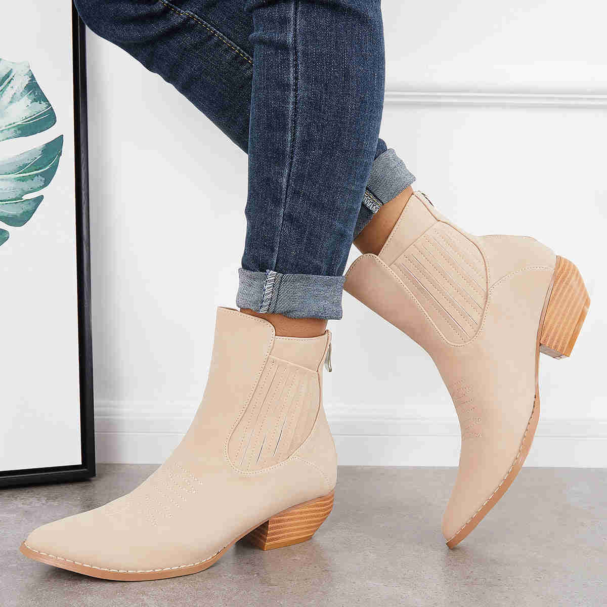 Western Cowboy Booties Chunky Stacked Heel Zipper Ankle Boots