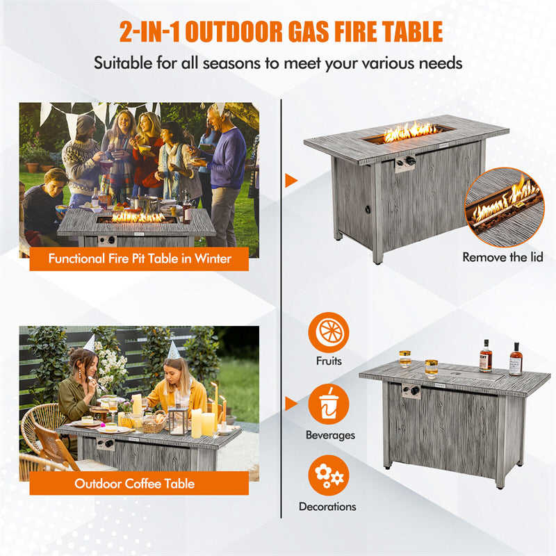43-inch Rectangular Propane Fire Pit Table with 50,000 BTU Heating, Wood Grain Tabletop & Waterproof Cover