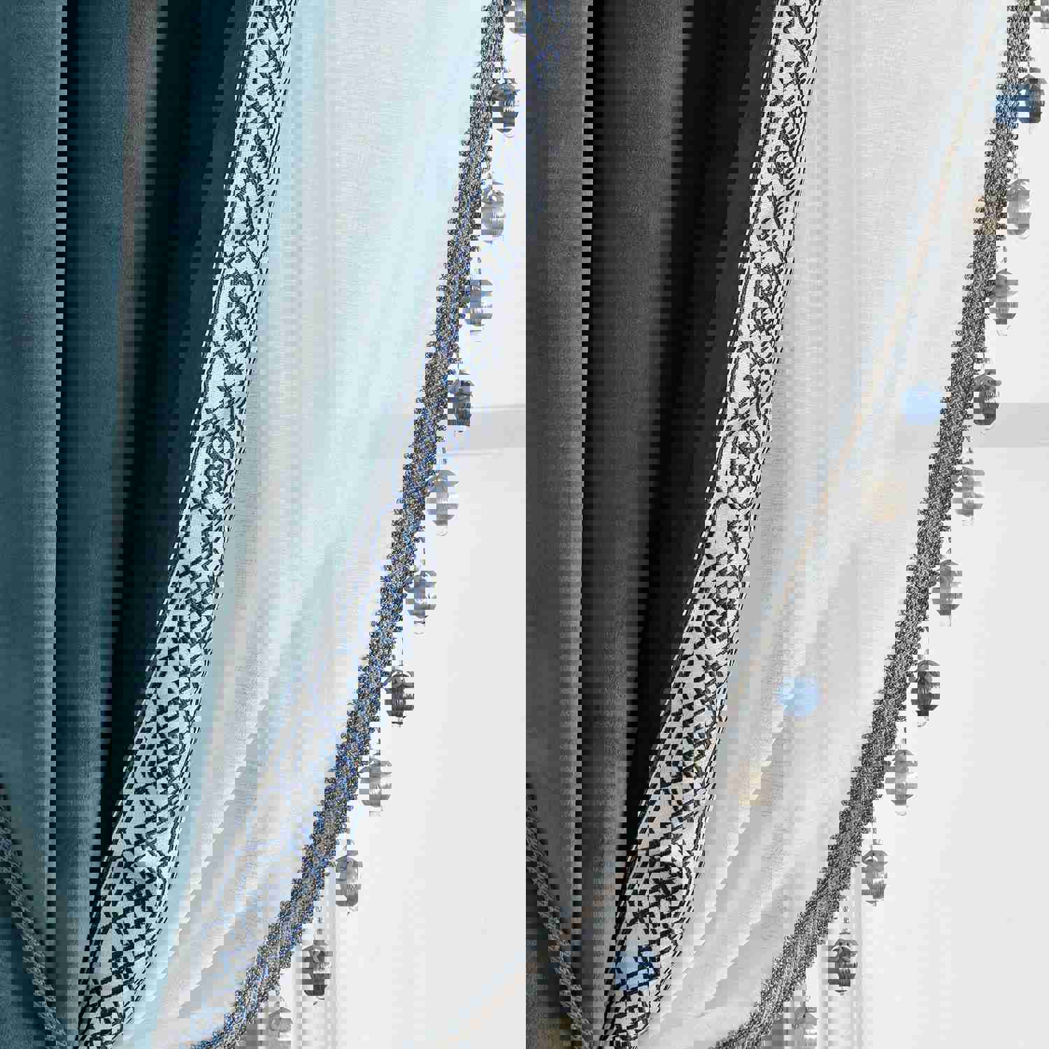 Luxury Vintage Velvet & Sheer With Border Pompom Trim Window Curtain Panel