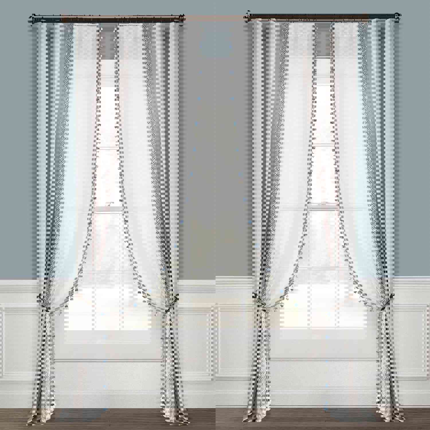 Luxury Vintage Velvet & Sheer With Border Pompom Trim Window Curtain Panel