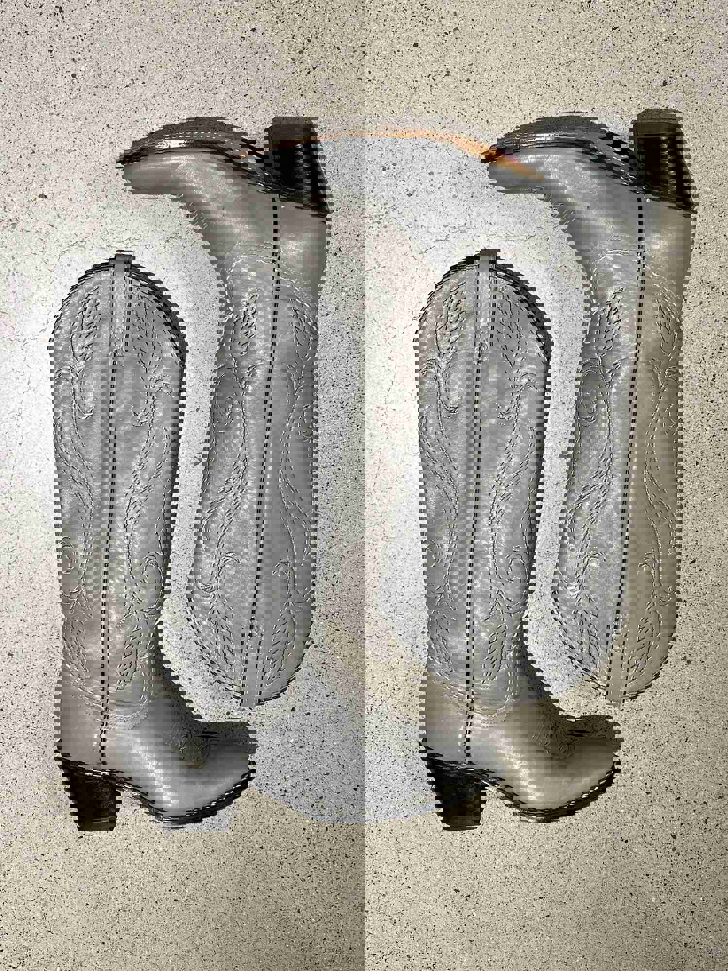 Vintage Dove Grey Cowboy Boots with Black and White Stitching