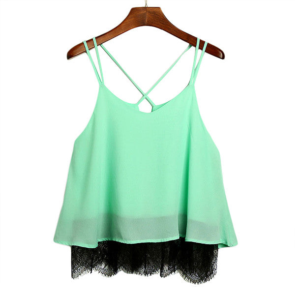 New Arrival Plain Wine Red Spaghetti Strap Lace Chiffon Camisole