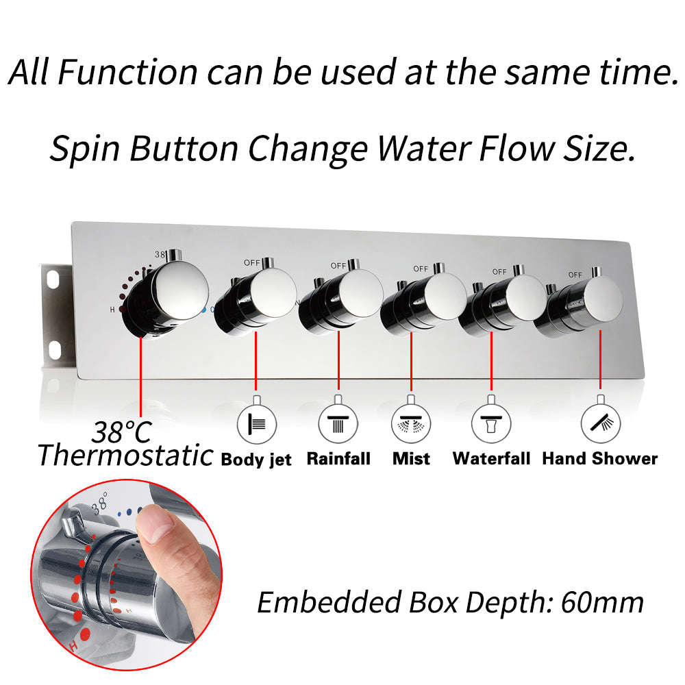 MONACO Chrome 20x20 Complete Luxury LED Music Shower Set with Rainfall, Waterfall, Mist Spray and 6 Body Jets