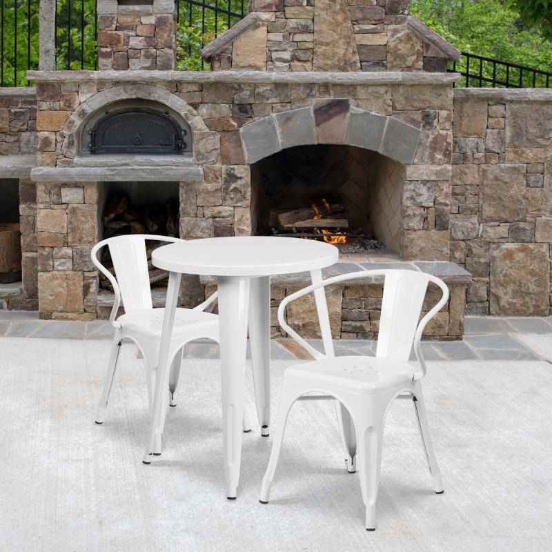Flash Furniture Napoleon Commercial Grade 24 Round White Metal Indoor-Outdoor Table Set with 2 Arm Chairs