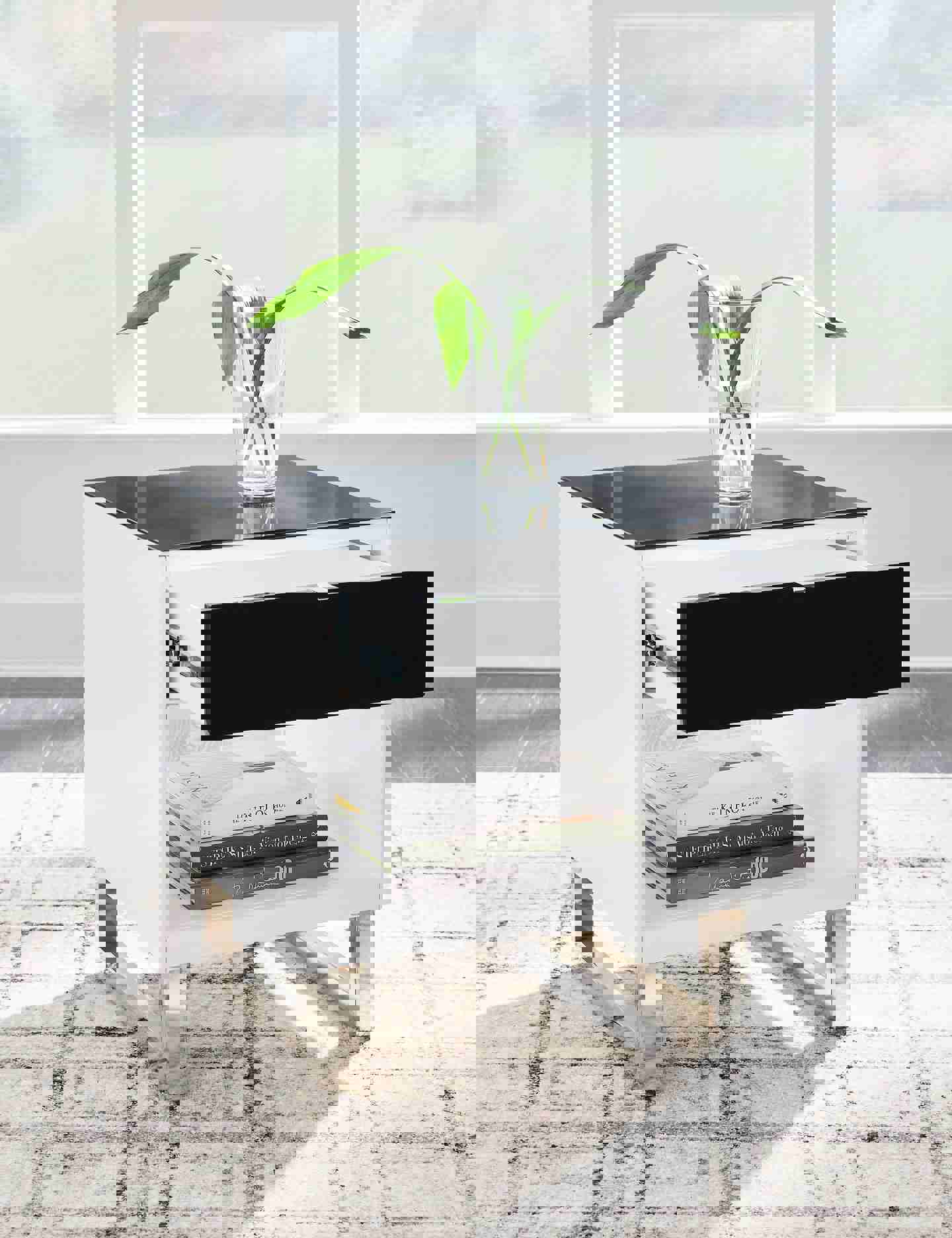 Gardoni Rectangular End Table with Black Glass Top