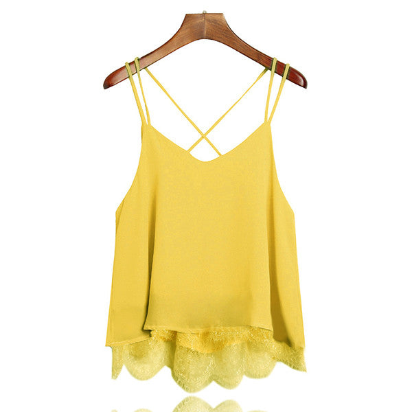 New Arrival Plain Wine Red Spaghetti Strap Lace Chiffon Camisole