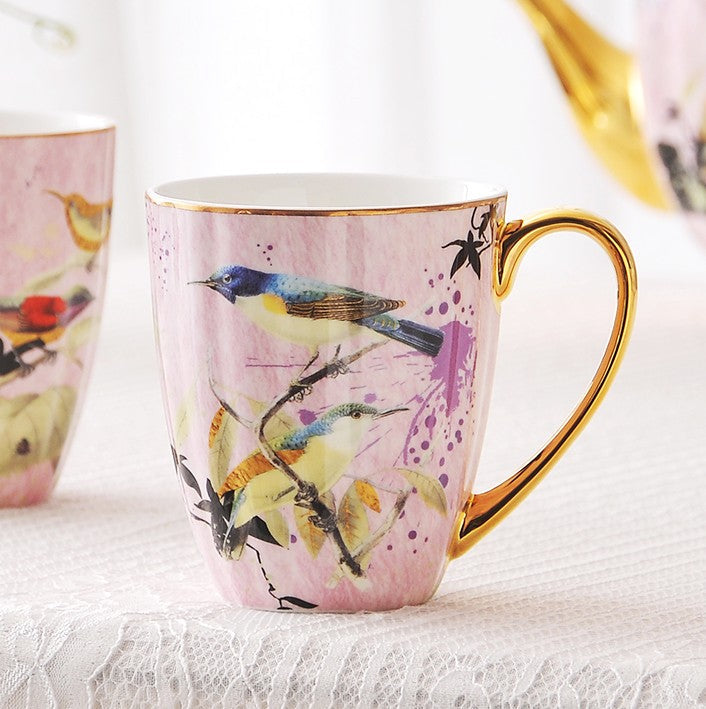 Elegant Pink Ceramic Coffee Mug with Bird Flower Design, Large Capacity Bone China Porcelain Mug