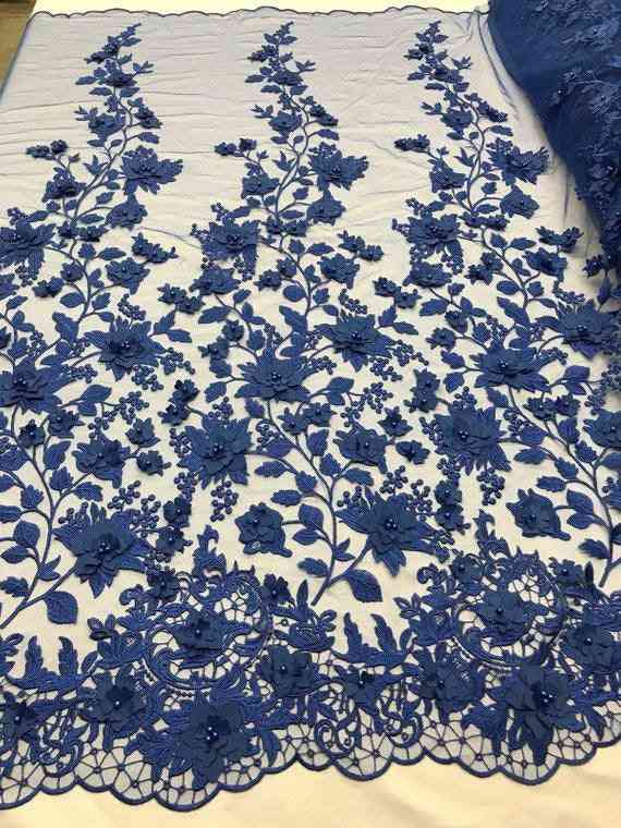 Royal Blue 3D Floral Embroidered Beaded Mesh Lace Fabric for Dresses and Decor