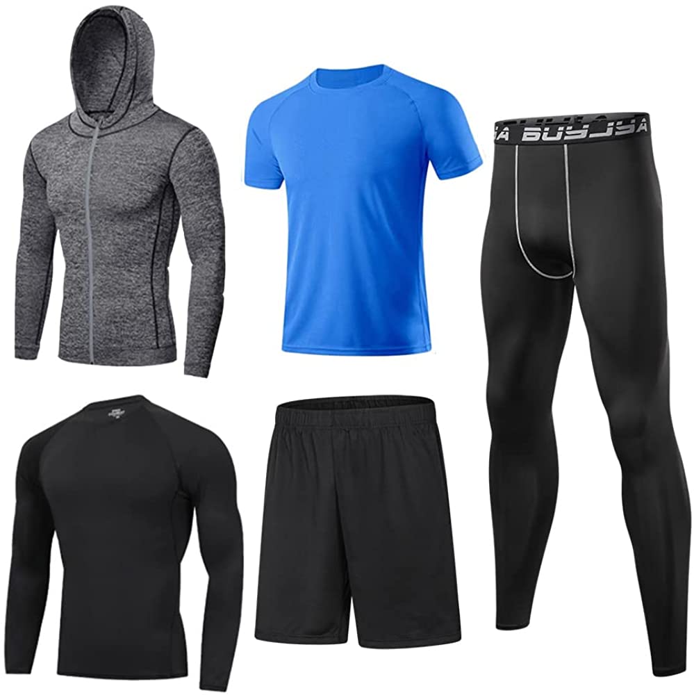 BUYJYA 5Pcs Mens Compression Pants Shirt Top Long Sleeve Jacket Athletic Sets Gym Clothing