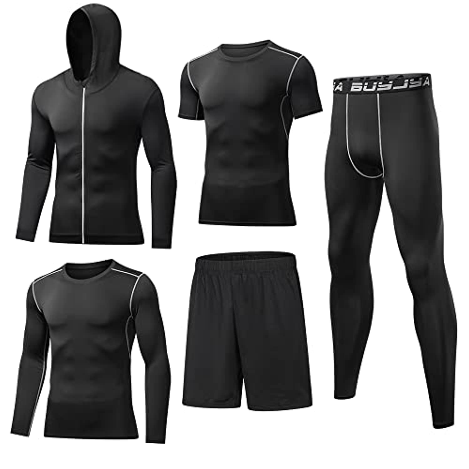 BUYJYA 5Pcs Mens Compression Pants Shirt Top Long Sleeve Jacket Athletic Sets Gym Clothing