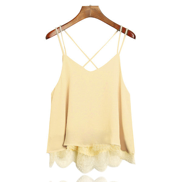 New Arrival Plain Wine Red Spaghetti Strap Lace Chiffon Camisole