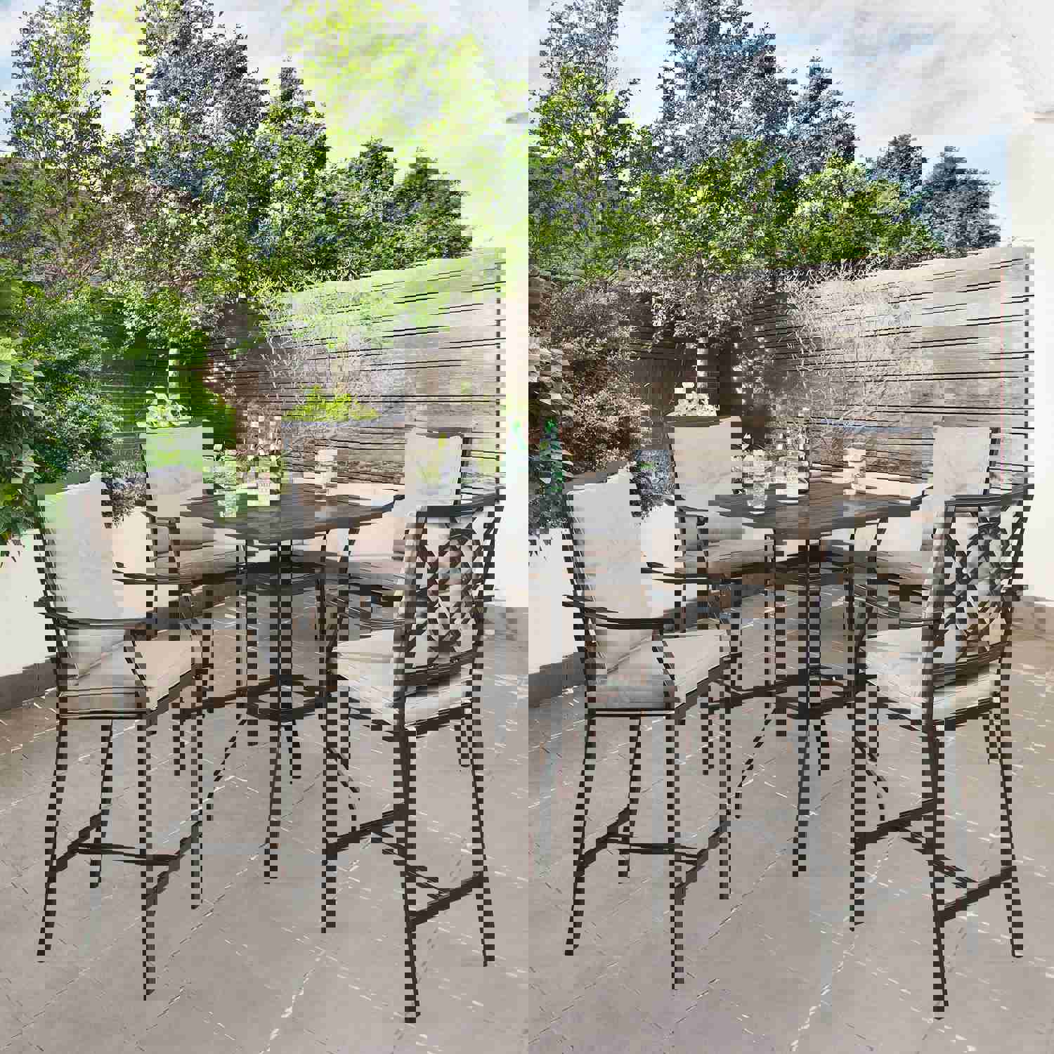 Outdoor 5 Pieces Patio Bar Height Dining Set with Square Steel Table and Bar Stools
