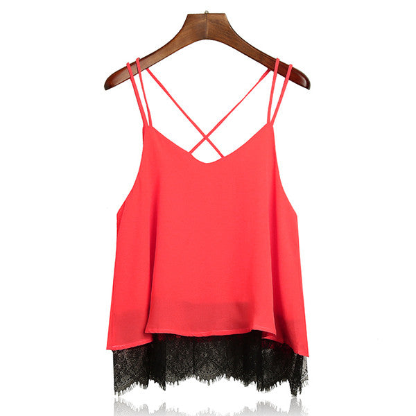 New Arrival Plain Wine Red Spaghetti Strap Lace Chiffon Camisole