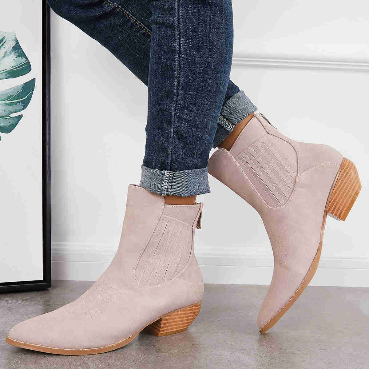 Western Cowboy Booties Chunky Stacked Heel Zipper Ankle Boots
