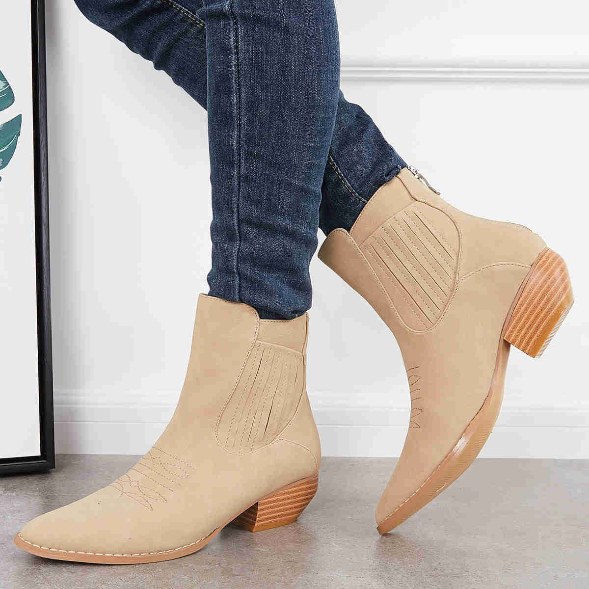 Western Cowboy Booties Chunky Stacked Heel Zipper Ankle Boots