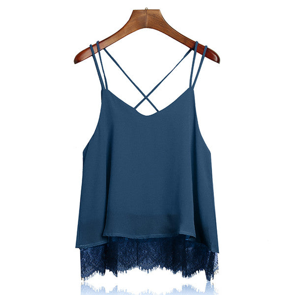 New Arrival Plain Wine Red Spaghetti Strap Lace Chiffon Camisole
