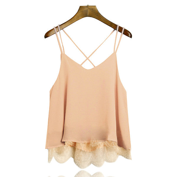 New Arrival Plain Wine Red Spaghetti Strap Lace Chiffon Camisole