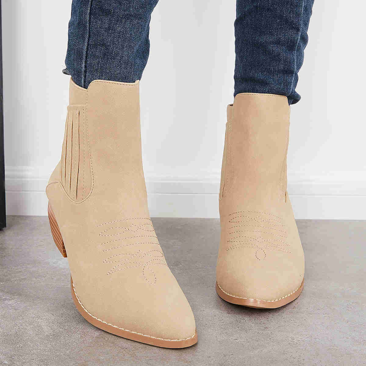Western Cowboy Booties Chunky Stacked Heel Zipper Ankle Boots