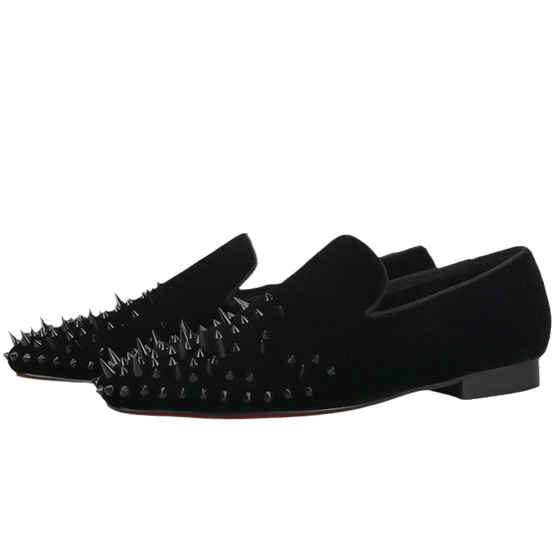 OneDrop Handmade Men's Black Velvet Italian Design Slip-On Loafers with Red Bottom