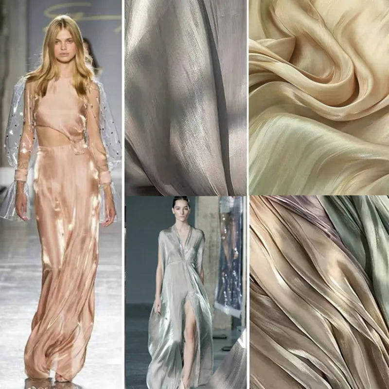 3/5/10m Glossy Silk Gradient Fabric - Shiny Polyester Holographic Dress Material