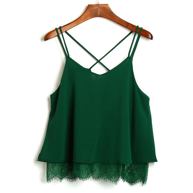 New Arrival Plain Wine Red Spaghetti Strap Lace Chiffon Camisole