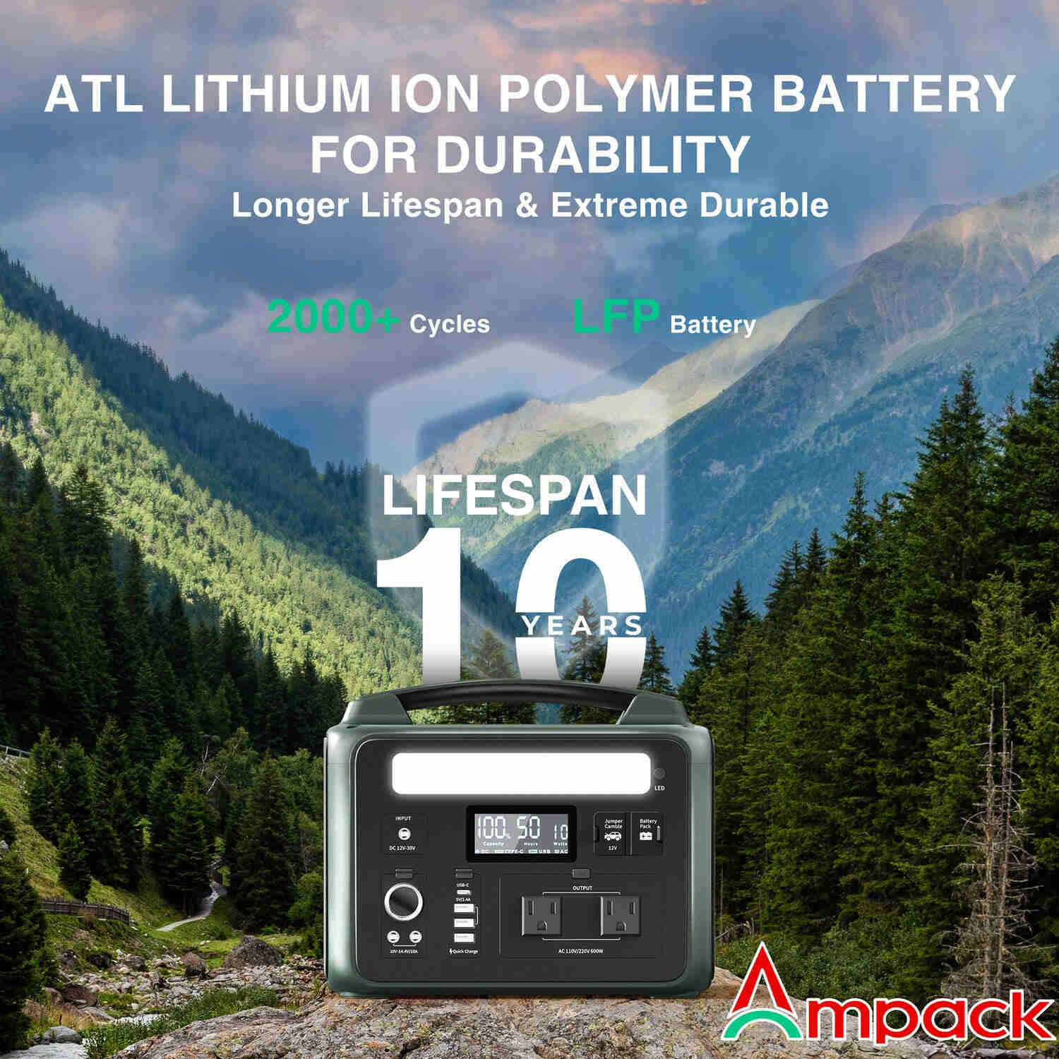 Ampack Portable Power Station 584Wh, 600W (Peak 1800W) with 2 AC Outlets, Solar Generator for Home Backup & Outdoor Camping