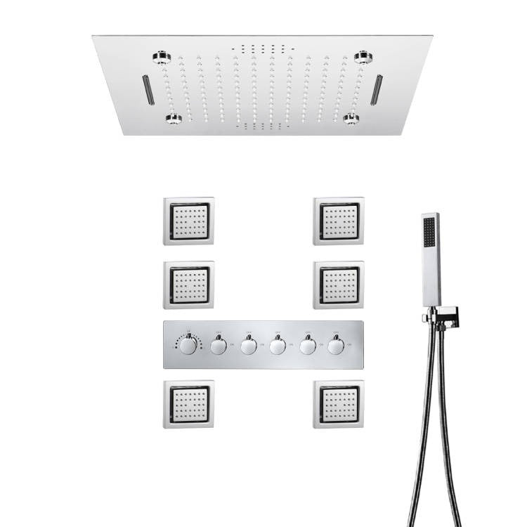 MONACO Chrome 20x20 Complete Luxury LED Music Shower Set with Rainfall, Waterfall, Mist Spray and 6 Body Jets