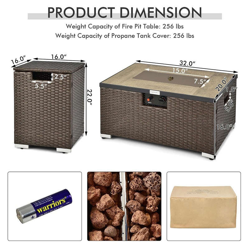 40000 BTU Wicker Outdoor Propane Fire Pit Table Set with Hideaway Tank Holder & Cover