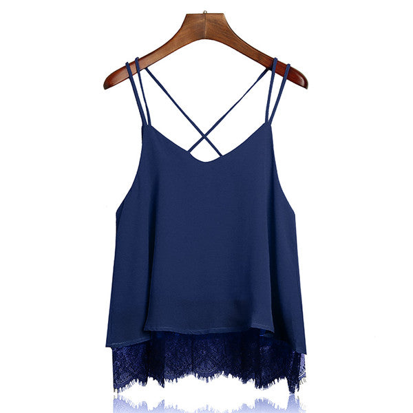 New Arrival Plain Wine Red Spaghetti Strap Lace Chiffon Camisole