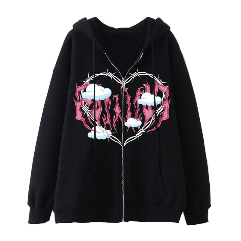 Trizchlor Oversized Hoodie for Women - Gothic Streetwear Zipper Cardigan Long Sleeve Winter Hoodie Harajuku Fashion Sweatshirt