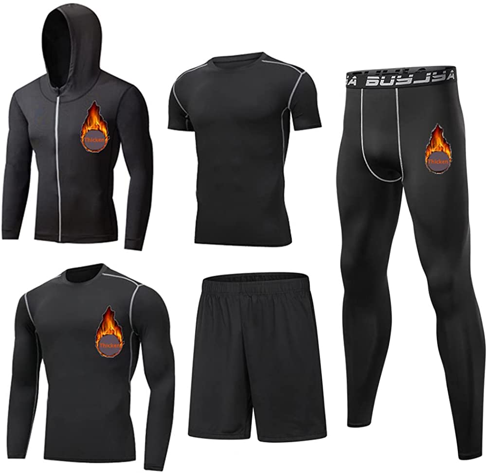BUYJYA 5Pcs Mens Compression Pants Shirt Top Long Sleeve Jacket Athletic Sets Gym Clothing