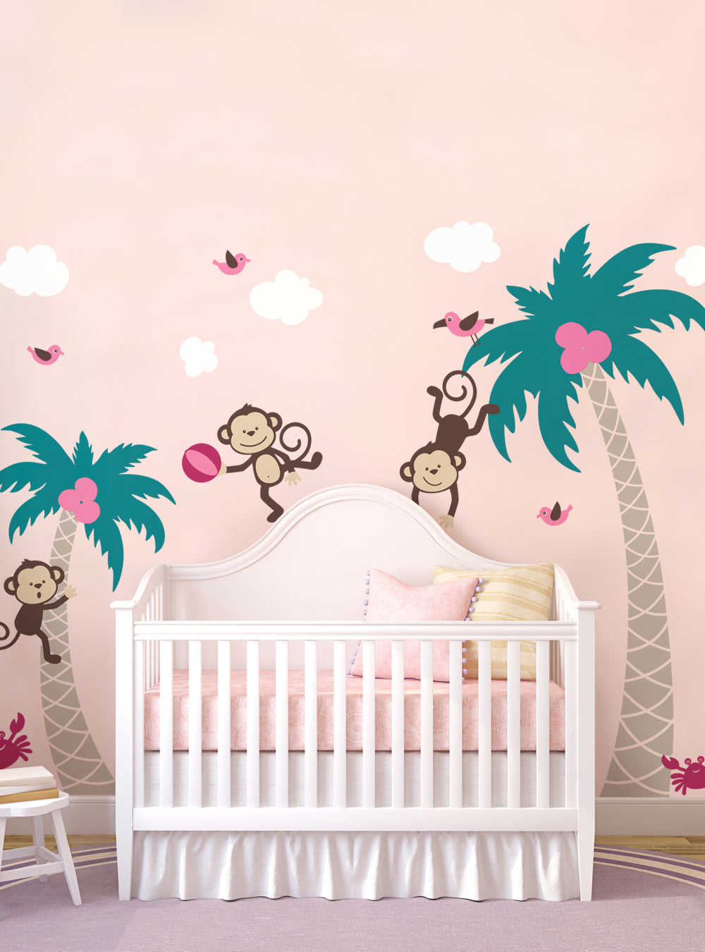 3 Monkeys with Palm Tree Wall Decal - Playful Kids Room Decor
